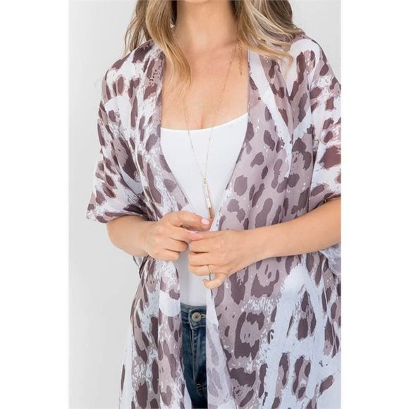 Gray Leopard Heart Print Open Front Kimono - Picture 3 of 6